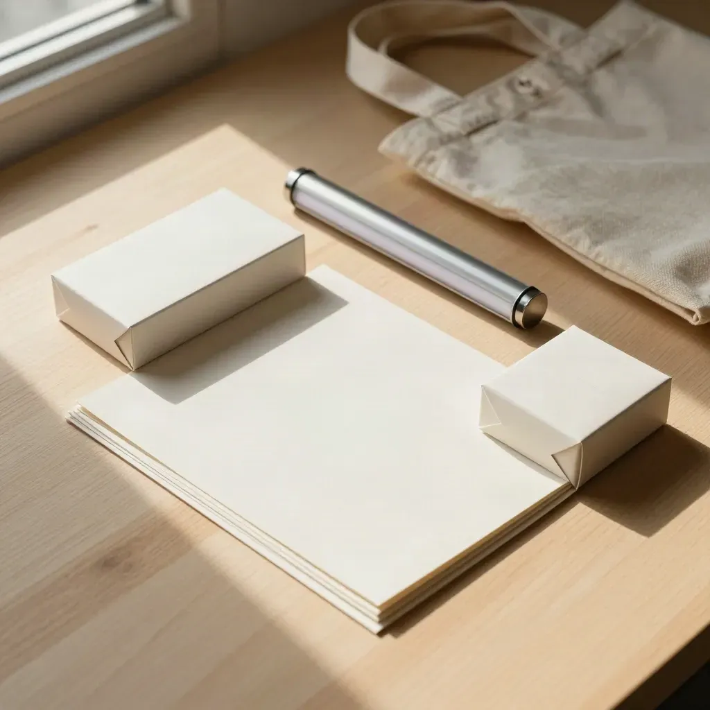 Overhead launch kit flatlay with boxes, tote, mood board, and LED tube on pale wood