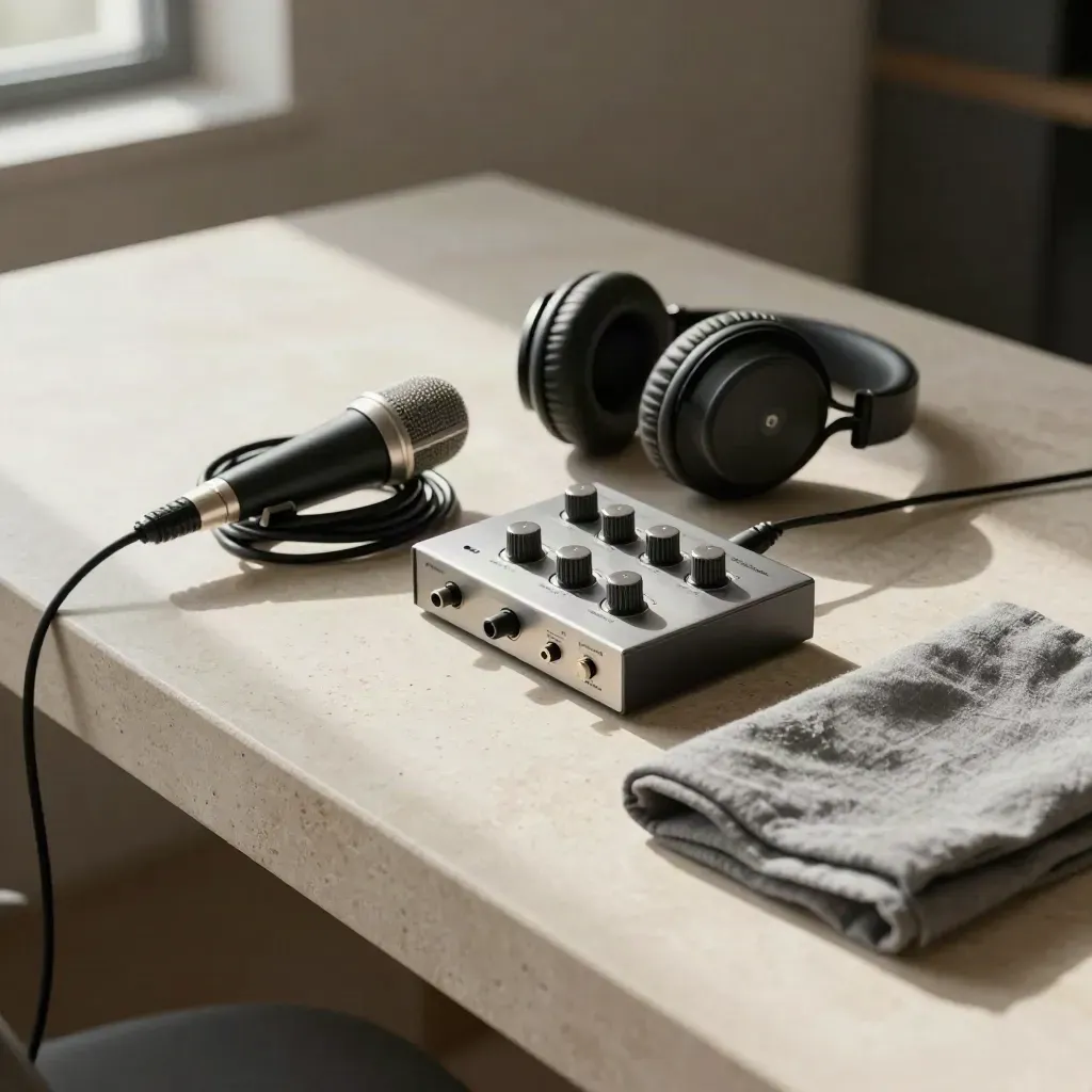 Headphones, mic, audio interface and cable on pale stone in soft daylight