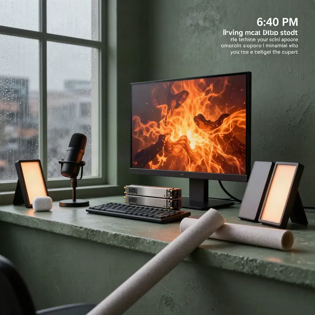 Glowing edit monitor beside podcast gear in a rain-hazed studio at blue hour