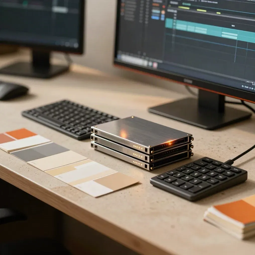 Brushed SSDs, tilted monitors, keypad, and swatch cards on a pale stone editing desk