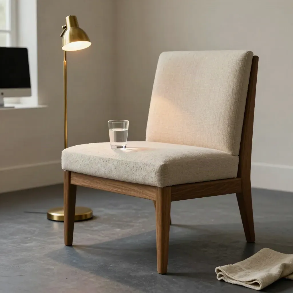 Empty founder interview set with chair, lamp, monitor glow and water on travertine.