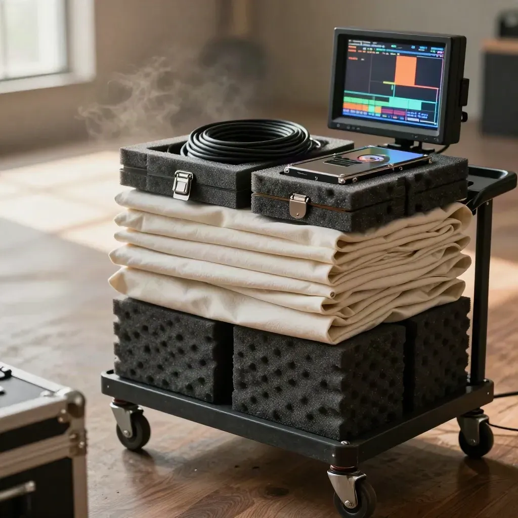 Launch-day media cart with drives, fabric, and a turned monitor in sunlit warehouse light