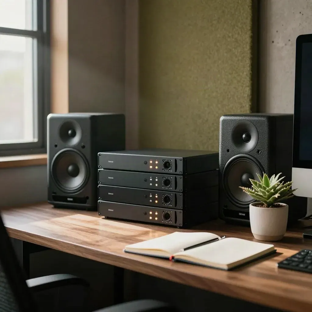 Editing bay with export drives, speaker monitors, face-down notebook and a small plant in warm light.