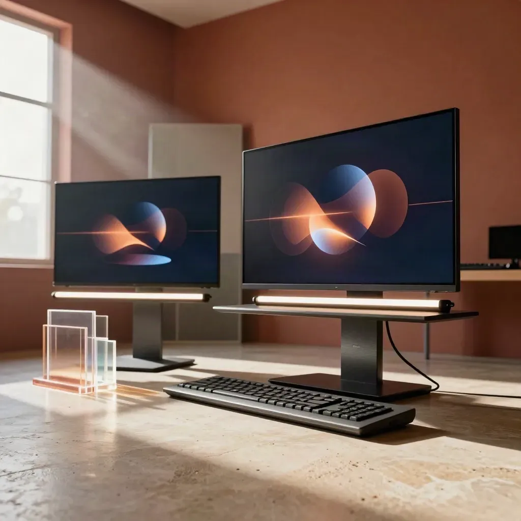 Low-angle motion graphics workstation with glowing screens, acrylic tiles, and floor reflections.