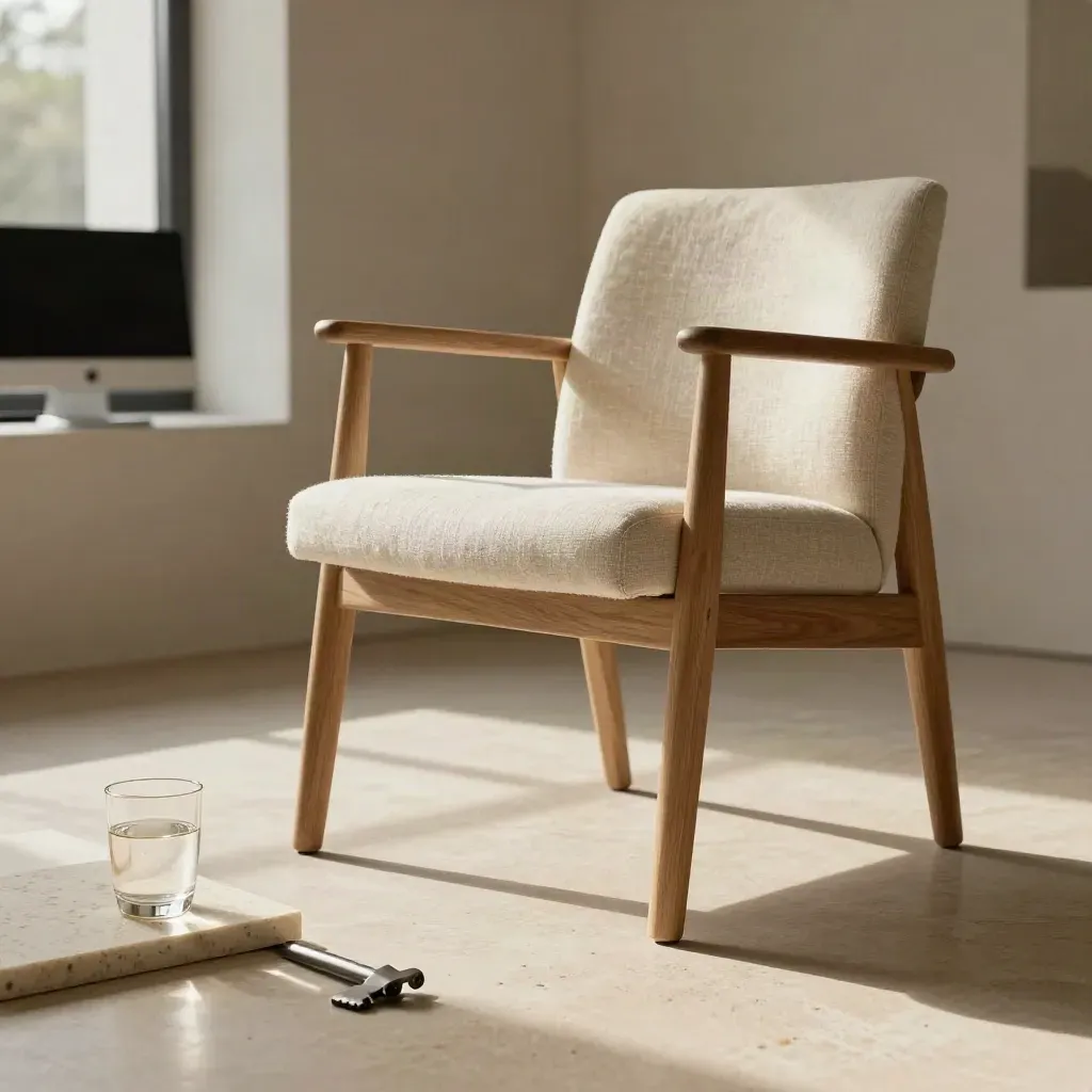 Floor-level launch film set with chair, soft light base, blurred monitor, and water on stone.