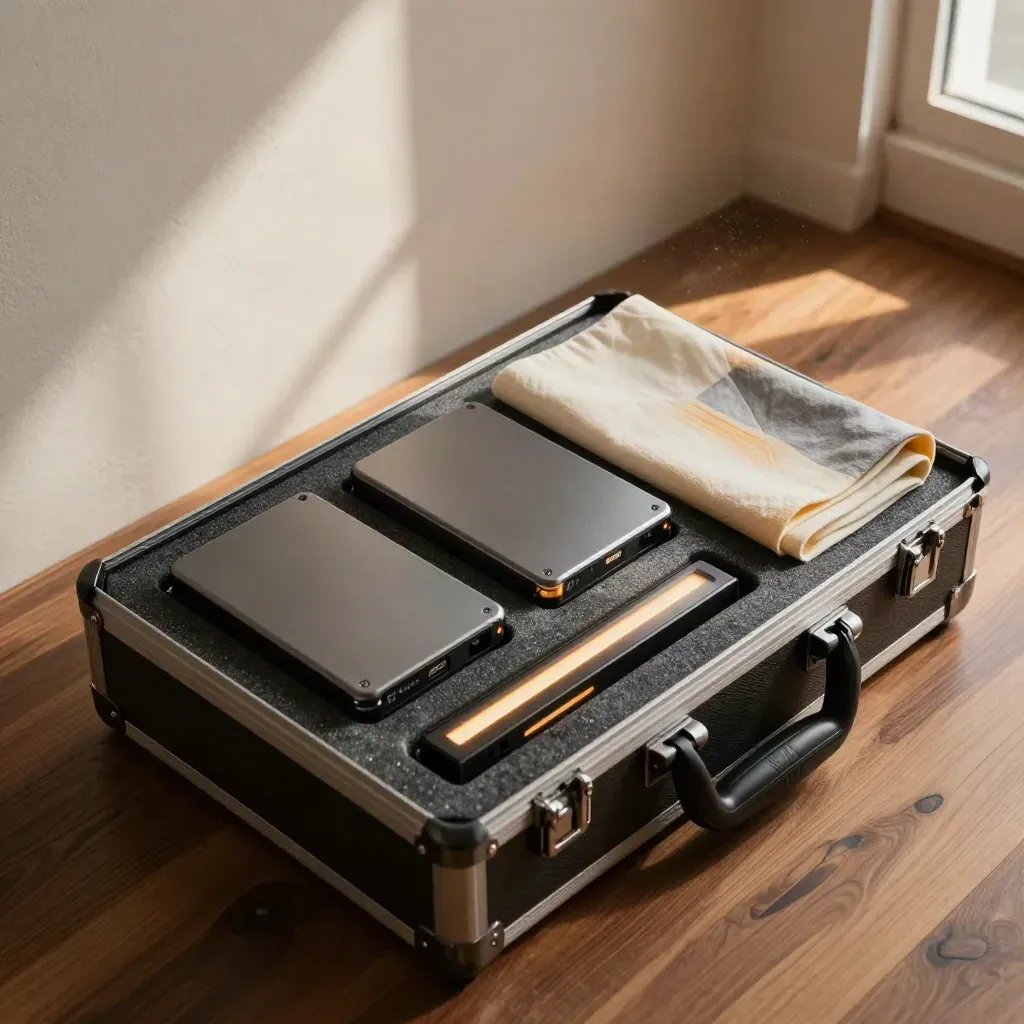 Promo reel pack in a rolling case with hard drives, LED bar, and folded diffusion cloth