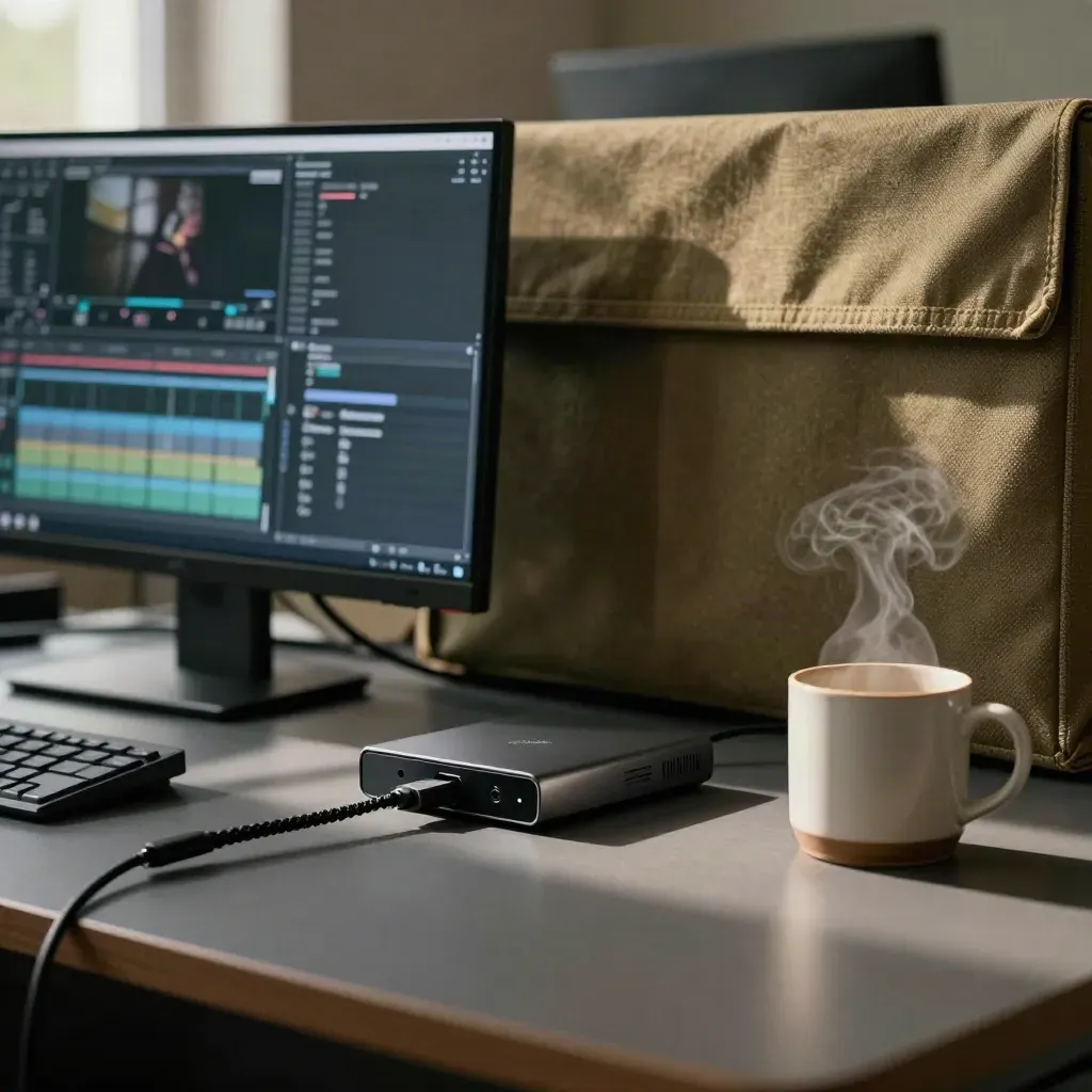 Dual monitors glow over an export drive and steaming mug in an edit bay