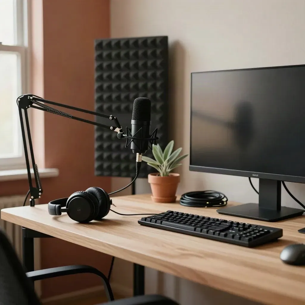 Podcast edit desk with mic, headphones, foam wall, plant, and soft daylight.