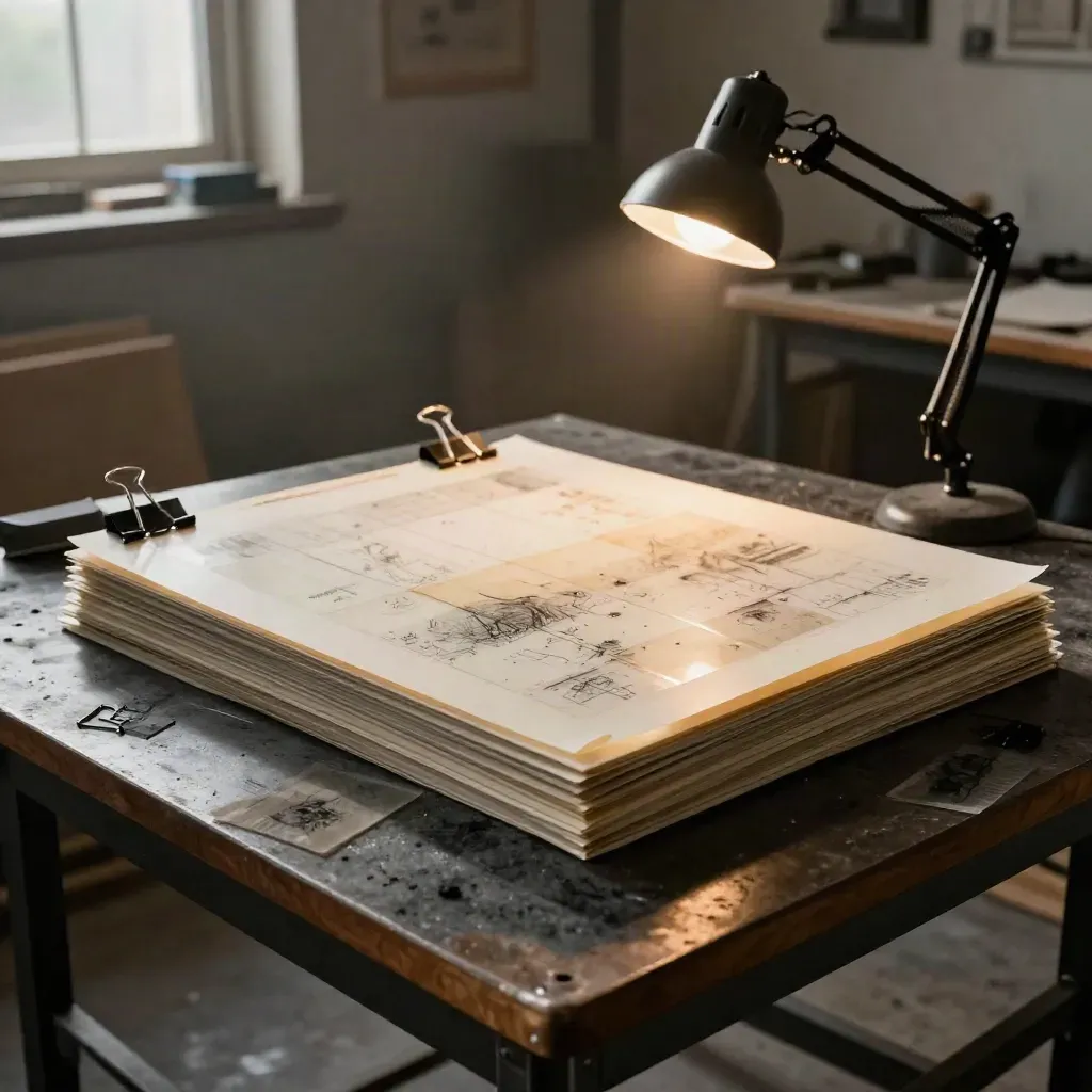 Low-angle stack of storyboard boards, clips, acetate sleeves and a model lamp on a charcoal table.