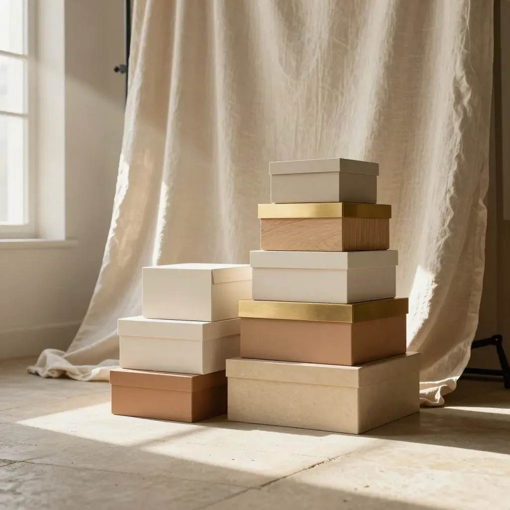 Neutral launch-page stills setup with stacked boxes, backdrop, and diffusion cloth in warm morning haze.