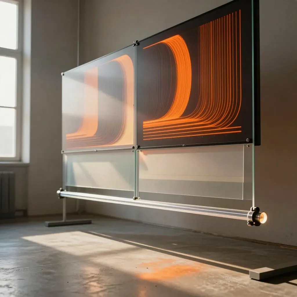 Low-angle view of glowing motion graphics shapes on tall screens with acrylic rods in a cozy studio.