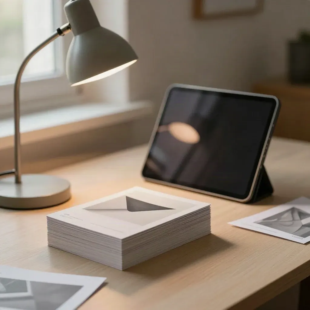 Email banner proofs stacked beside an angled tablet under a desk lamp on pale wood