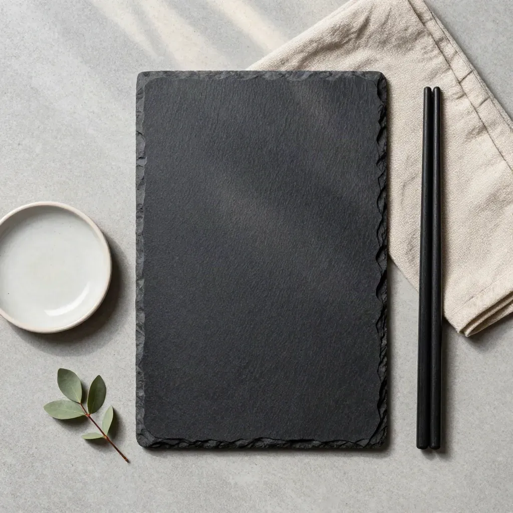 Overhead flatlay of a clapper slate, linen cloth, ceramic dish, and greenery on concrete.