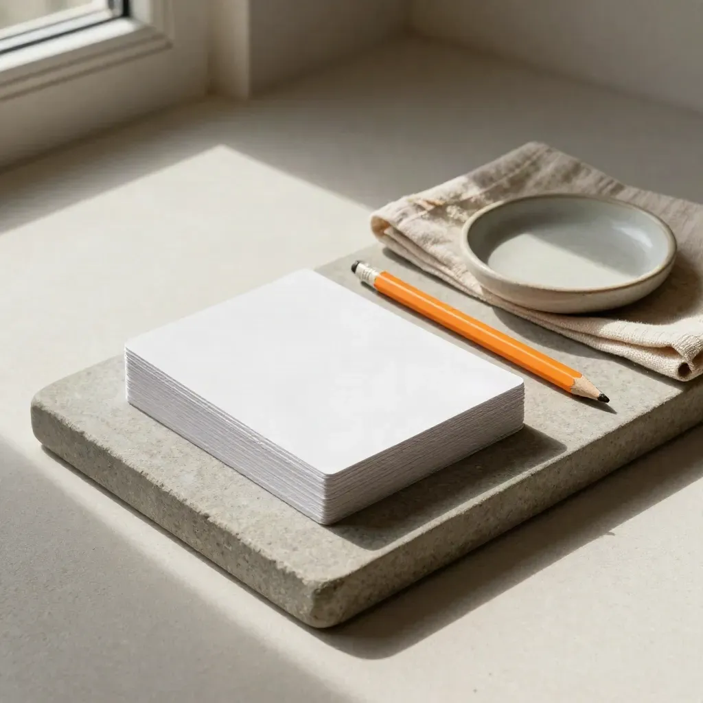 Stone tray with face-down cards, orange pencil, cloth, and ceramic dish