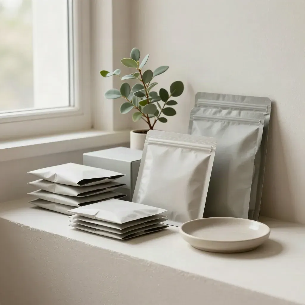 Delivery sleeves, inserts, a small plant and ceramic dish on an off-white plaster sweep.