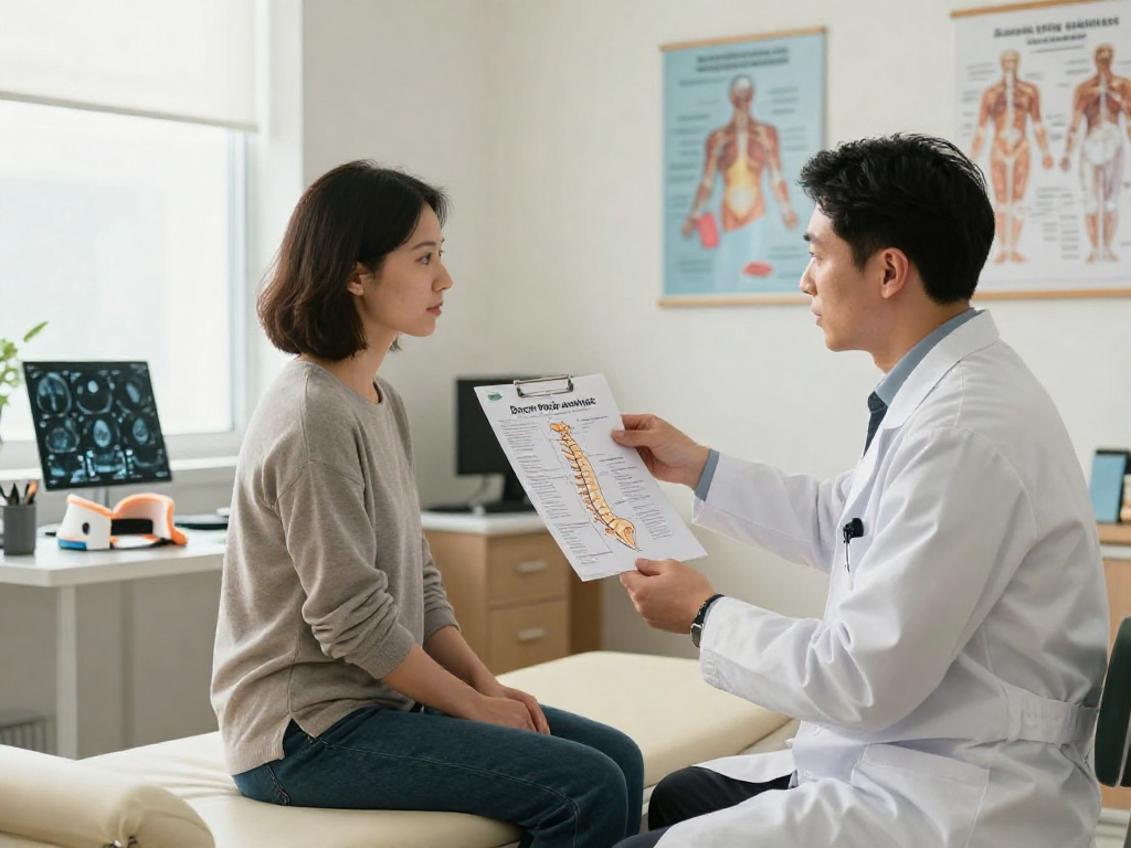 Boyun fıtığı ameliyatı discussion in a modern clinic with physician and patient.