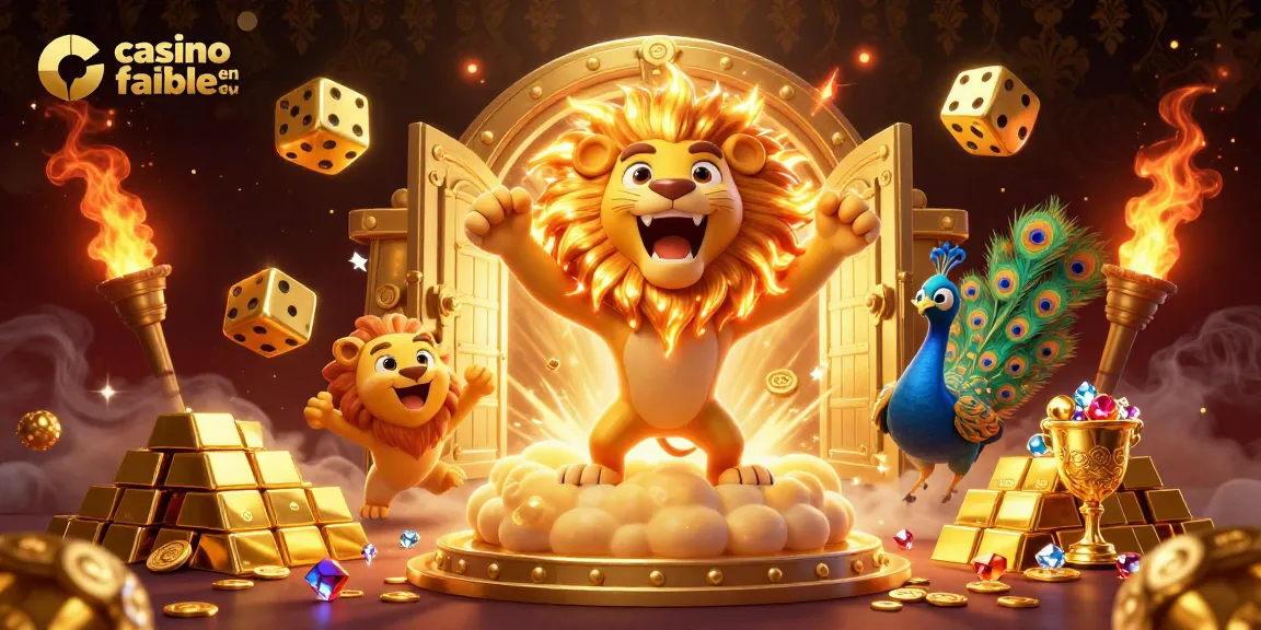 Découvrez un casino fiable en ligne avec un lion disparu et des trésors scintillants dans cette illustration vibrante.