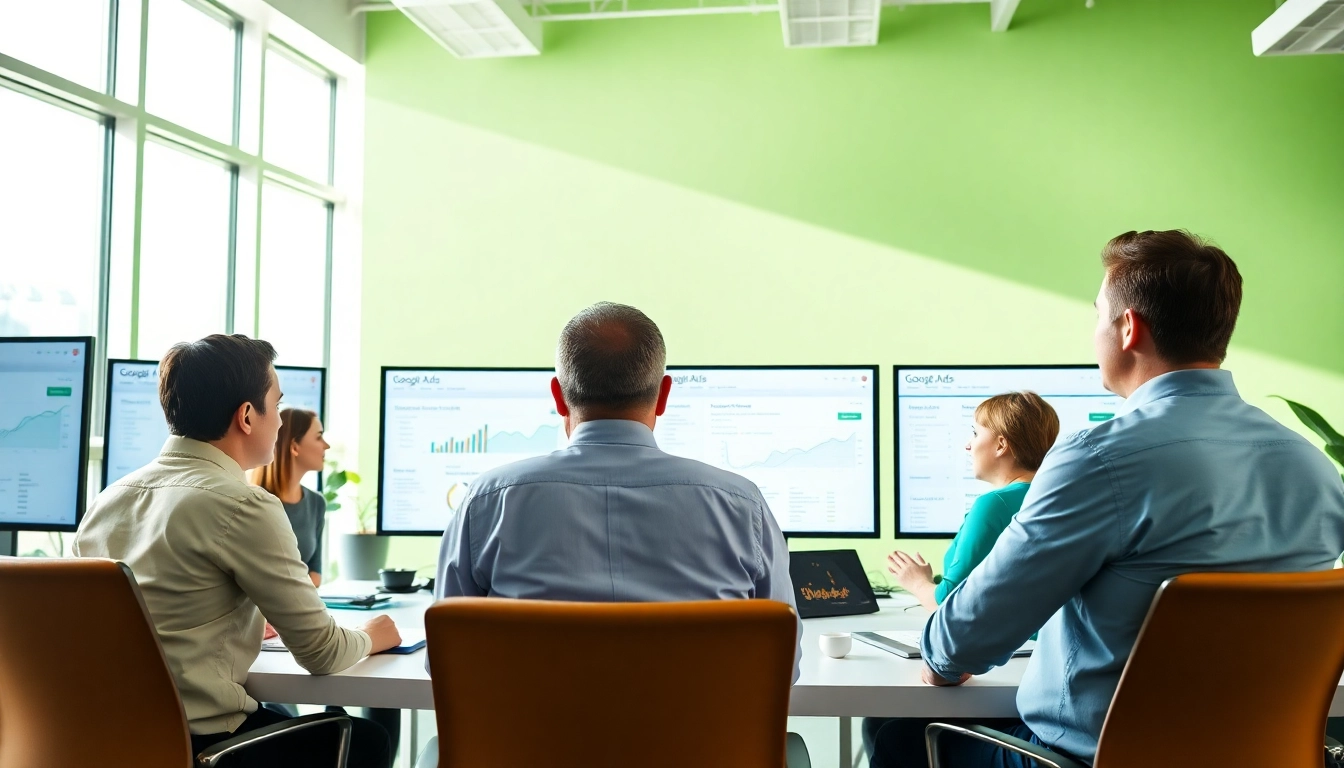 Dynamic team discussing google ads edmonton strategies in a bright office.