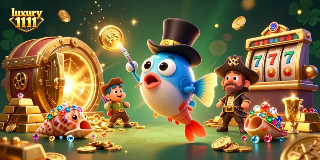 Menangkan banyak emas dengan luxury 1111, menampilkan ikan pemancing dalam topi dan harta karun yang bersinar.