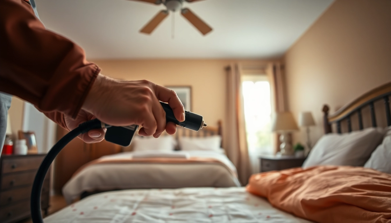 Local bed bug exterminators assessing a bedroom for bed bug infestations with specialized tools.
