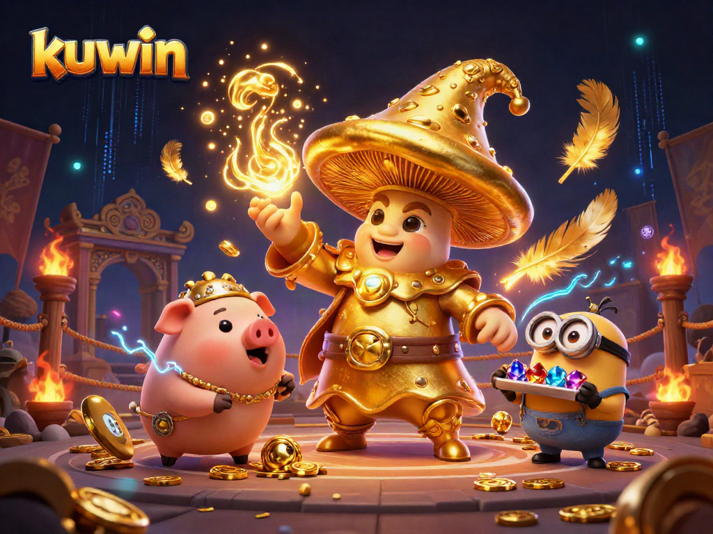 Kuwin the wizard turns treasure into gold amid lively casino scenes with vibrant characters.