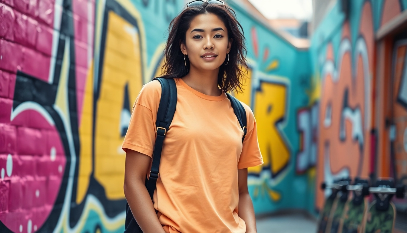 Model showcases a stylish drop shoulder t shirt against a vibrant urban backdrop.