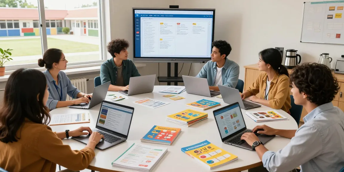 Group of teachers collaborating around EMStudio online teacher planner in a bright classroom setting.