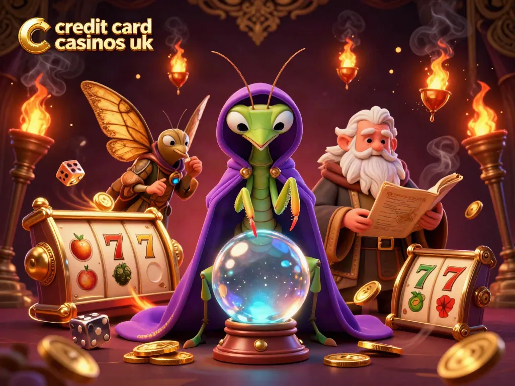 Explore winning strategies at credit card casinos uk in this detailed casino scene with slot reels and vibrant characters.