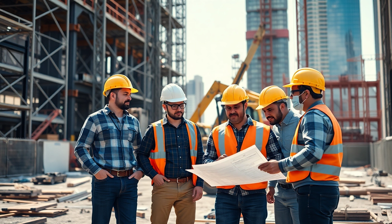 Construction association teamwork on a vibrant construction site with machinery and blueprints.