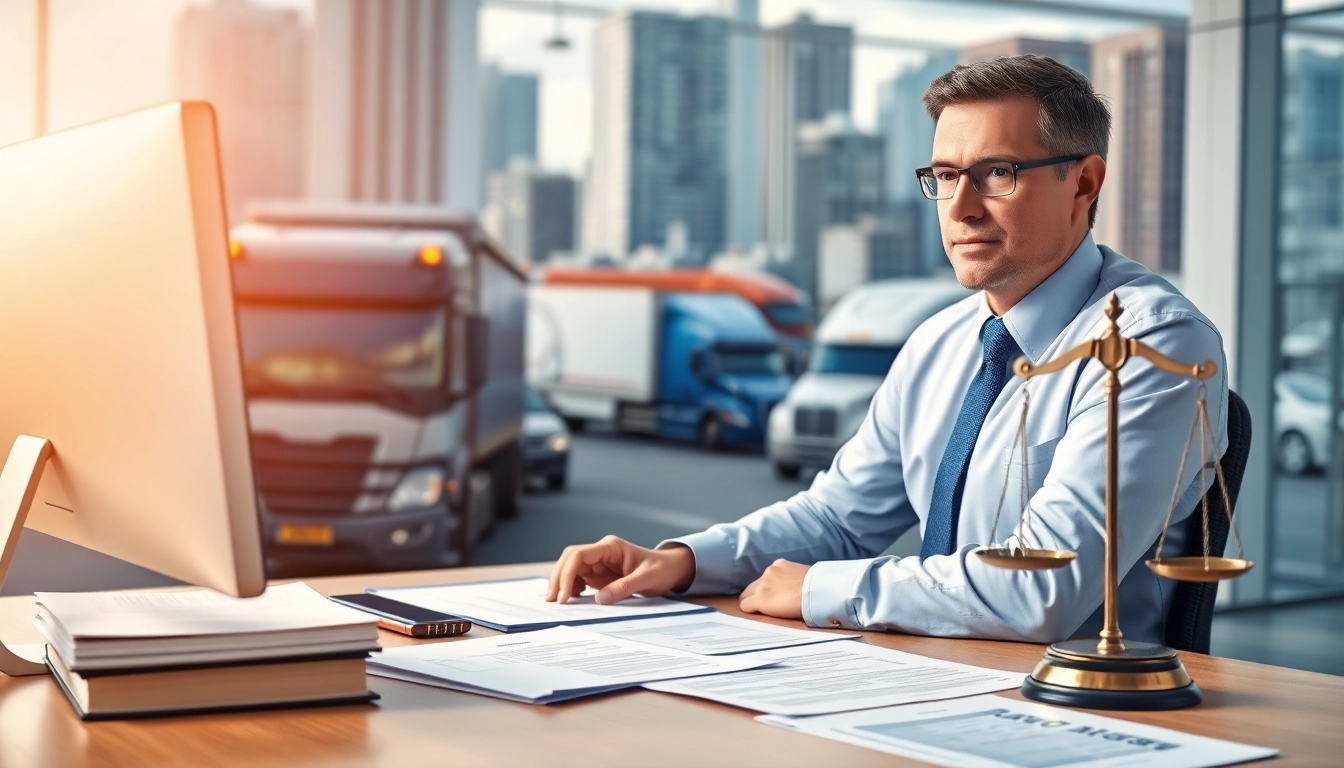 Engaged truck accident attorney Clearwater consulting in a professional office environment.