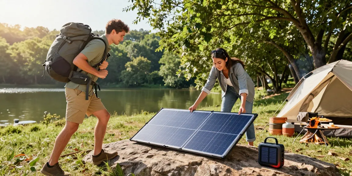 Couple setting up a Foldable Solar Panel at a scenic campsite with eco-friendly gear.