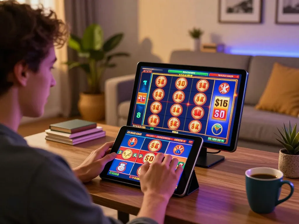 Engaging online gaming scene at home focusing on TR88 COM slot gameplay experience.