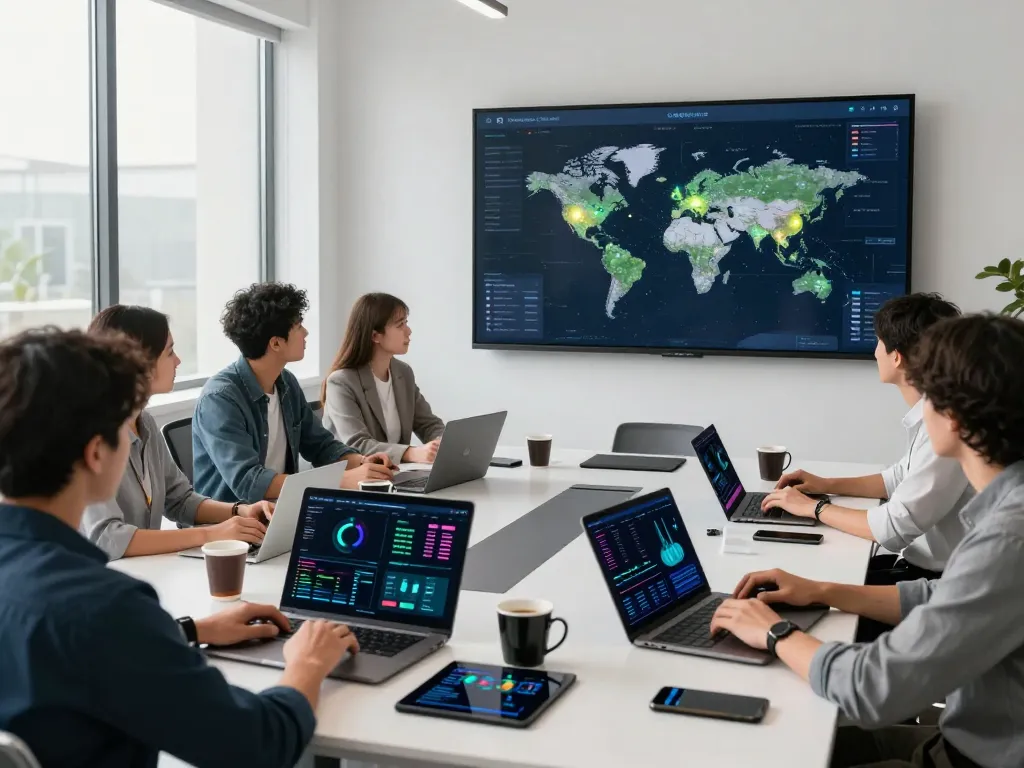 Team collaborating in a modern workspace showcasing a digital asset mining platform with analytics and blockchain visuals.