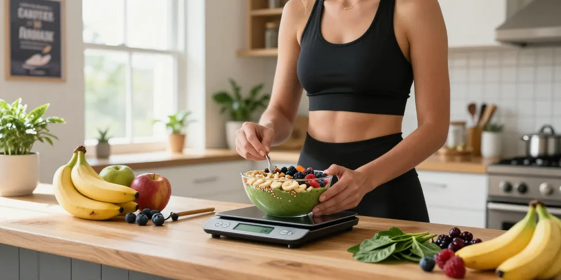 Healthy individual preparing nutritious smoothie bowl with the best weight loss app in a modern kitchen