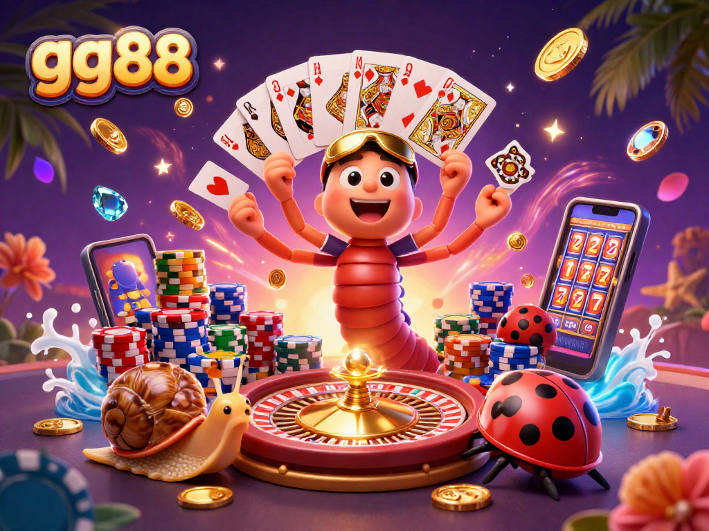 Experience excitement at gg88 with vivid gambling elements and colorful characters in a dynamic casino scene.