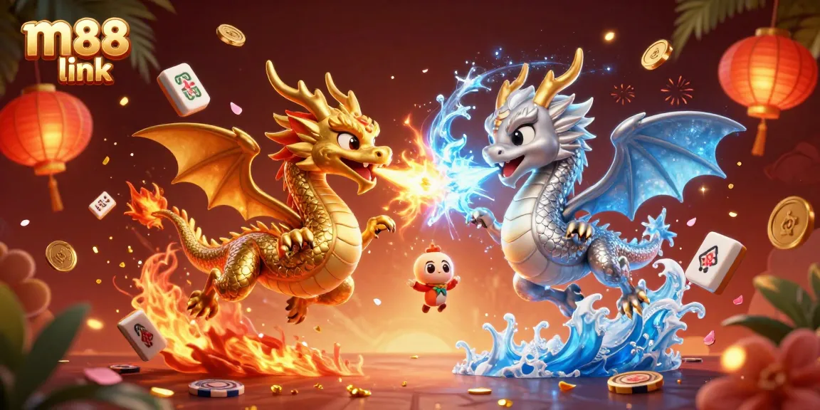 Experience thrilling bets at M88 link with intertwined dragons and vibrant casino elements.
