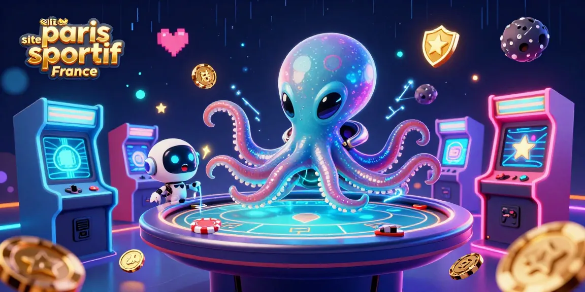 Jouez sur le site paris sportif France avec un poulpe extraterrestre et un robot dans un univers de jeux.