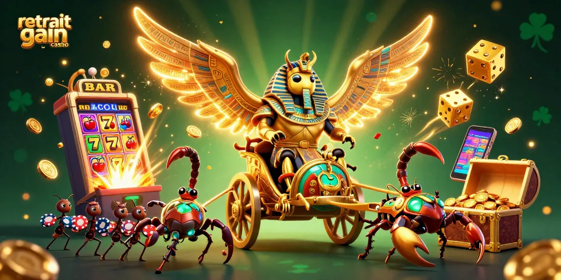 Illustration 3D représentant le retrait gain casino avec un scarabée doré et une machine à sous.