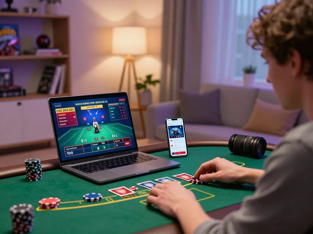 Engaged player using TG88 on laptop for blackjack game in cozy home setting