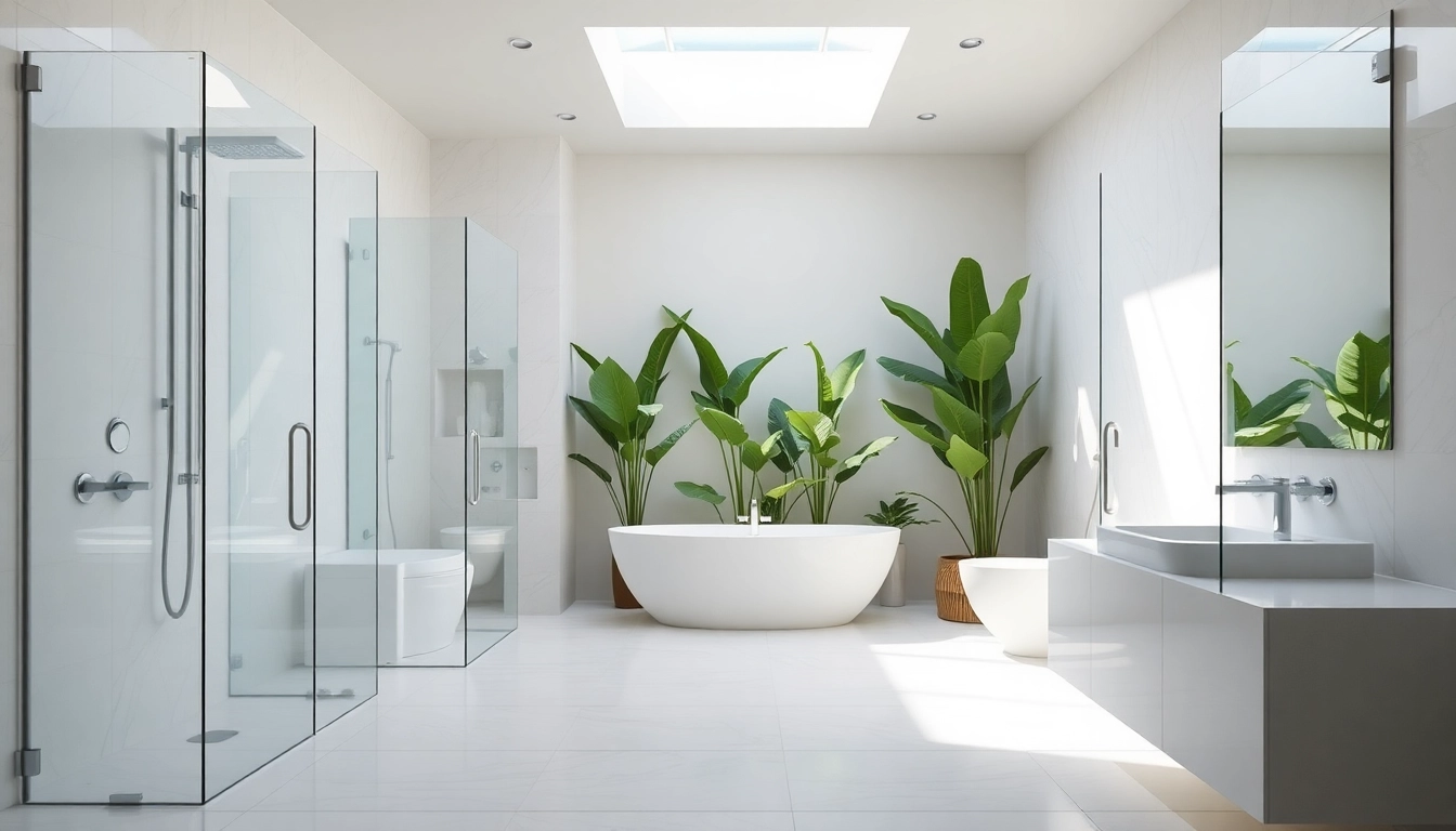 Elegant showers au in a modern spa-like bathroom featuring glass enclosures and greenery.