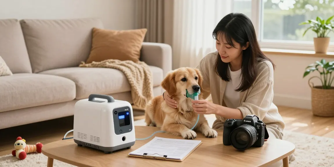 Pricing Pet Oxygen Machine for pets, owner caring for a dog with a portable oxygen concentrator in a cozy home environment.