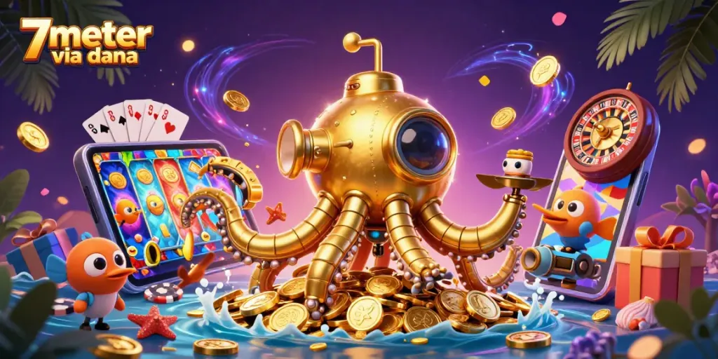 Play exciting games at 7meter via dana with vibrant golden kraken submarine and rich casino elements.