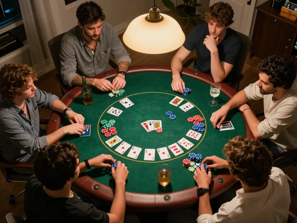 Playing poker at home with friends, showcasing a friendly atmosphere while engaging in strategy and social interaction with a focus on download apk slot bet 50 perak.