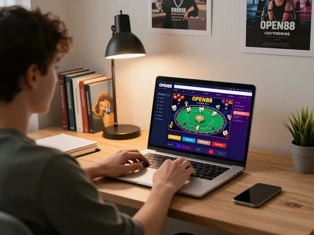 Engaging scene with online player using open88 đăng nhập on a laptop, showing vibrant casino interface