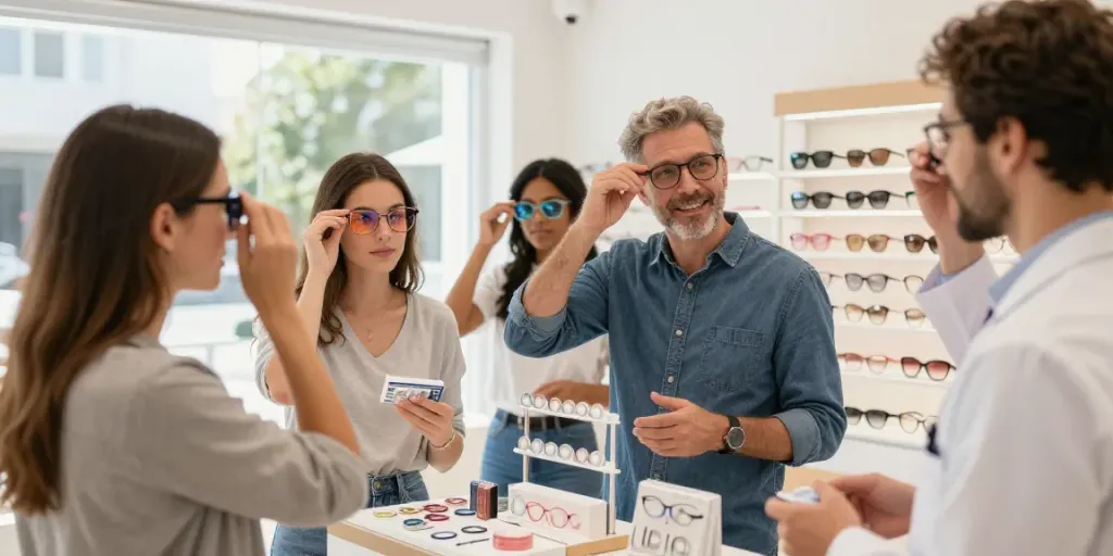 Lentes de contato em uma loja óptica, clientes experimentando diferentes opções de lentes.