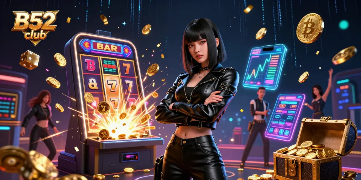 Engage in thrilling play at B52 club with vibrant slot machine and casino elements.