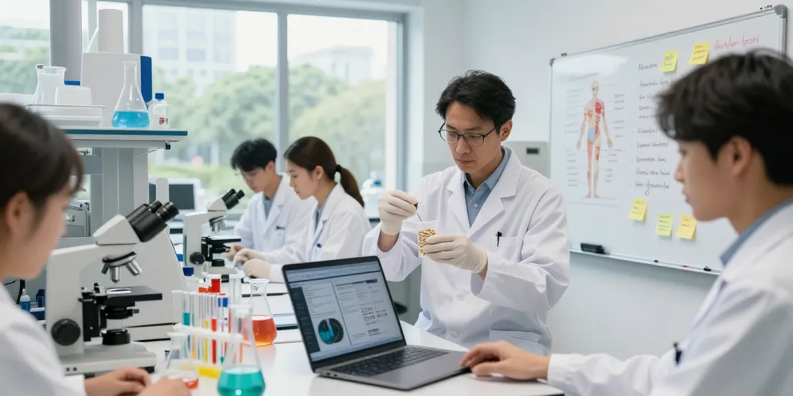 Researchers analyzing science-backed supplements in a modern lab with equipment and notes.