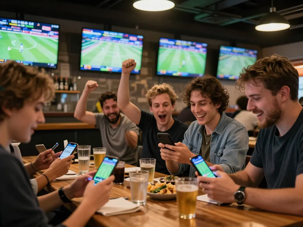 Engaging scene of friends betting on sportsbooks with bookmakers stranieri during a live game.