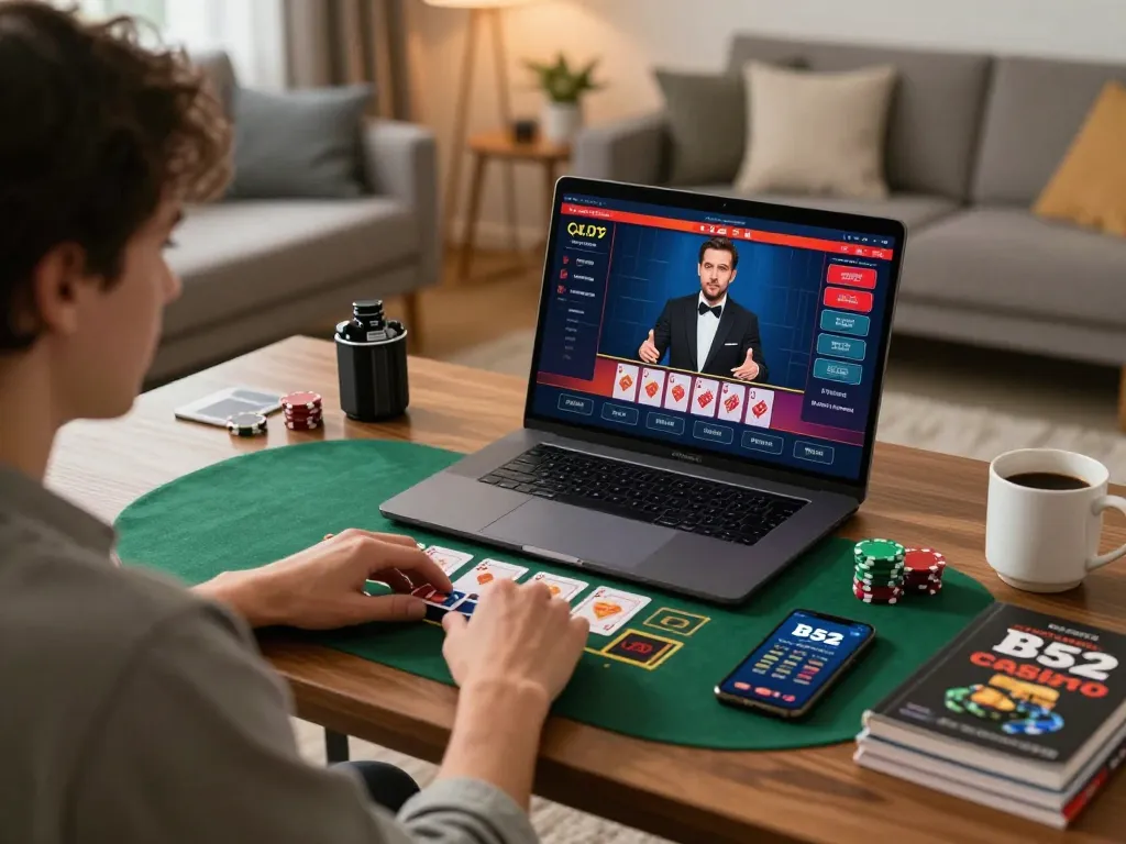 Player engaging in a live dealer game at B52 online casino, showcasing immersive gaming setup at home.