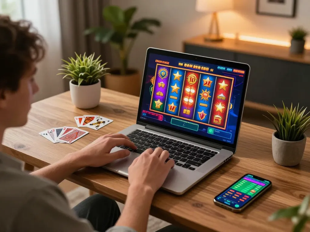 Engaged player spinning slot reels on a laptop in a modern home casino setup.